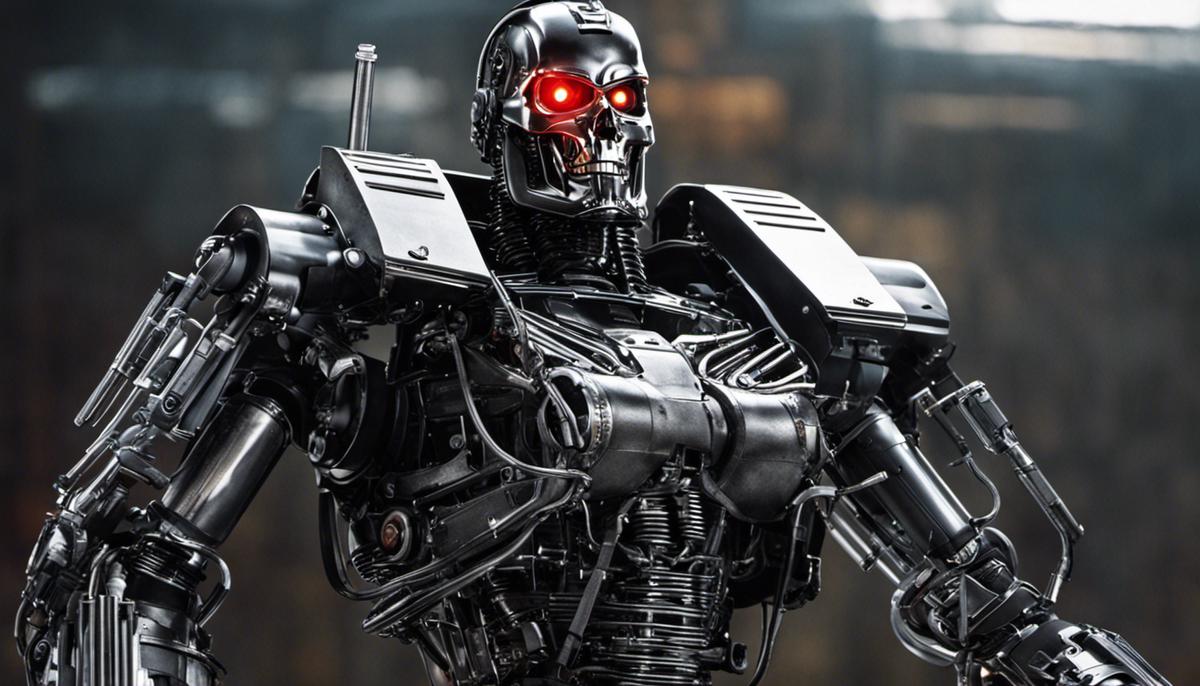 The image showcases the iconic T-800 robot from the Terminator series.